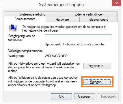 Scherm <code>Computernaam en/of Windows-domein wijzigen</code> openen