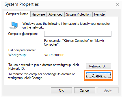 Open window <code>Computer Name/Windows domain Changes</code>