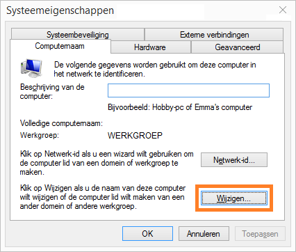Scherm <code>Computernaam en/of Windows-domein wijzigen</code> openen