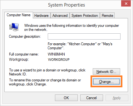Open window <code>Computer Name/Windows domain Changes</code>