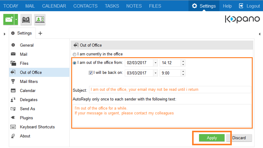 Configure Out of Office message