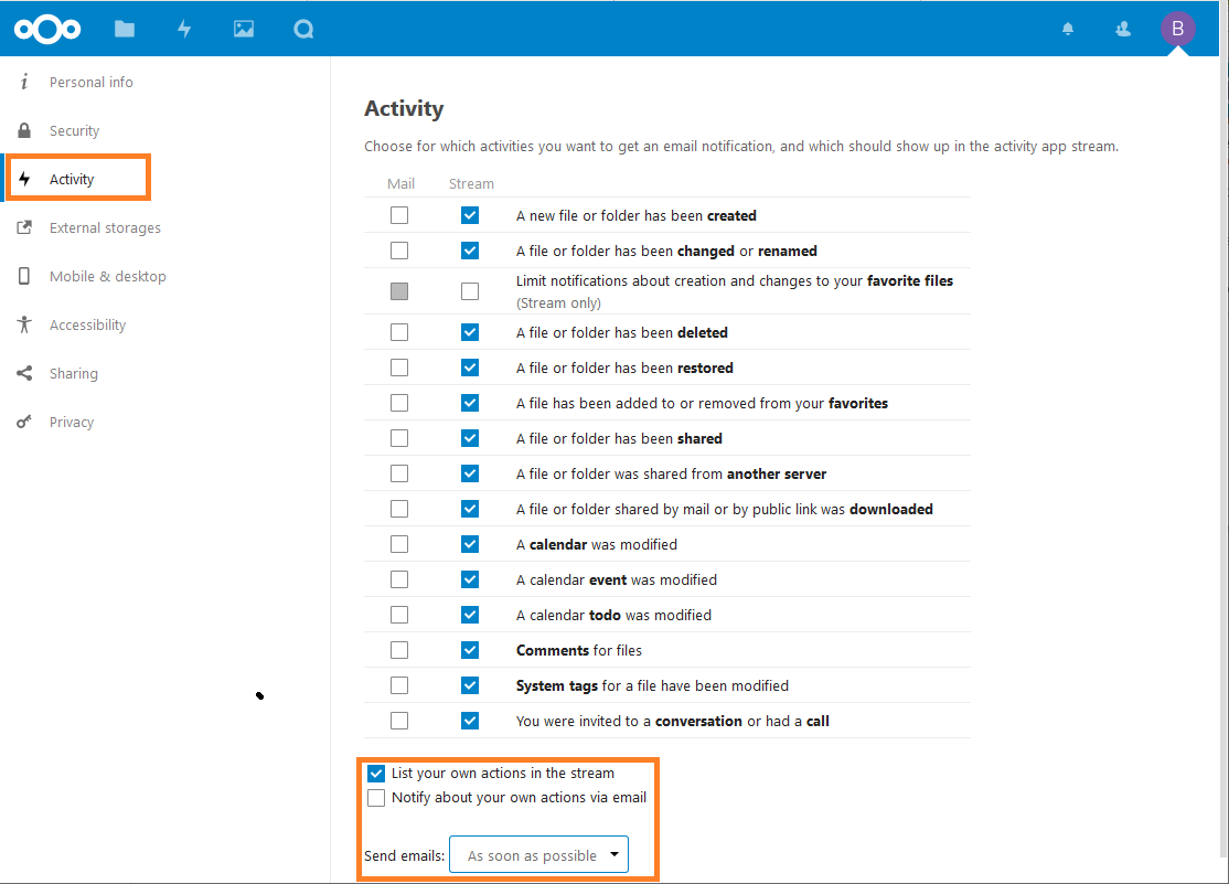 Notifications by email after activity in Nextcloud