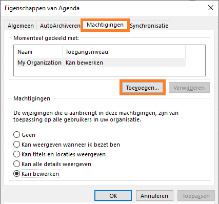 Open de machtigingen voor uw agenda