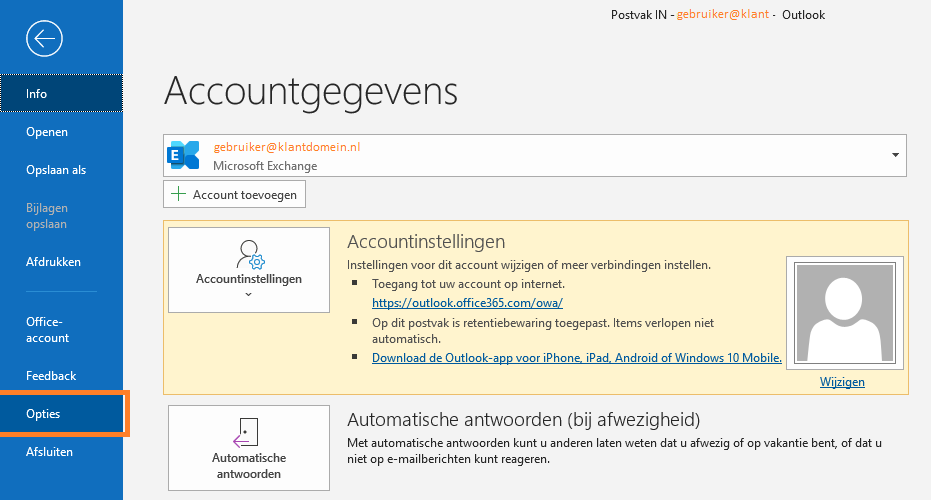 Open Outlook opties