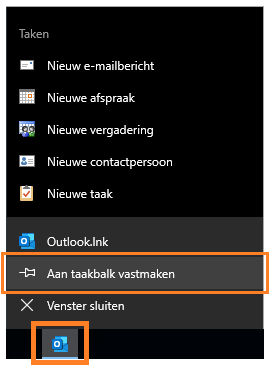 Outlook vastmaken aan de taakbalk (optioneel)