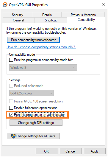 Configure OpenVPN to "run as an Administrator" (2)