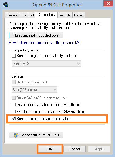 Configuring OpenVPN to be run as na Administrator