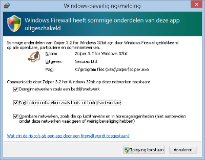 Eerste keer starten - Windows Firewall popup